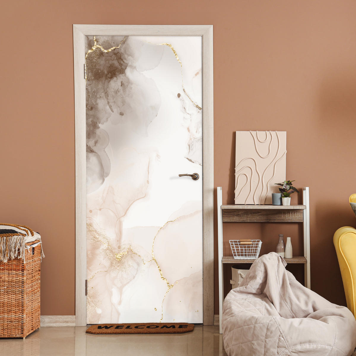 TÜRAUFKLEBER Selbstklebend - Marmor - Braun - Linie 80x205 cm - Türtapete - Champagner, Kunststoff (80/0.1cm) - MuchoWow