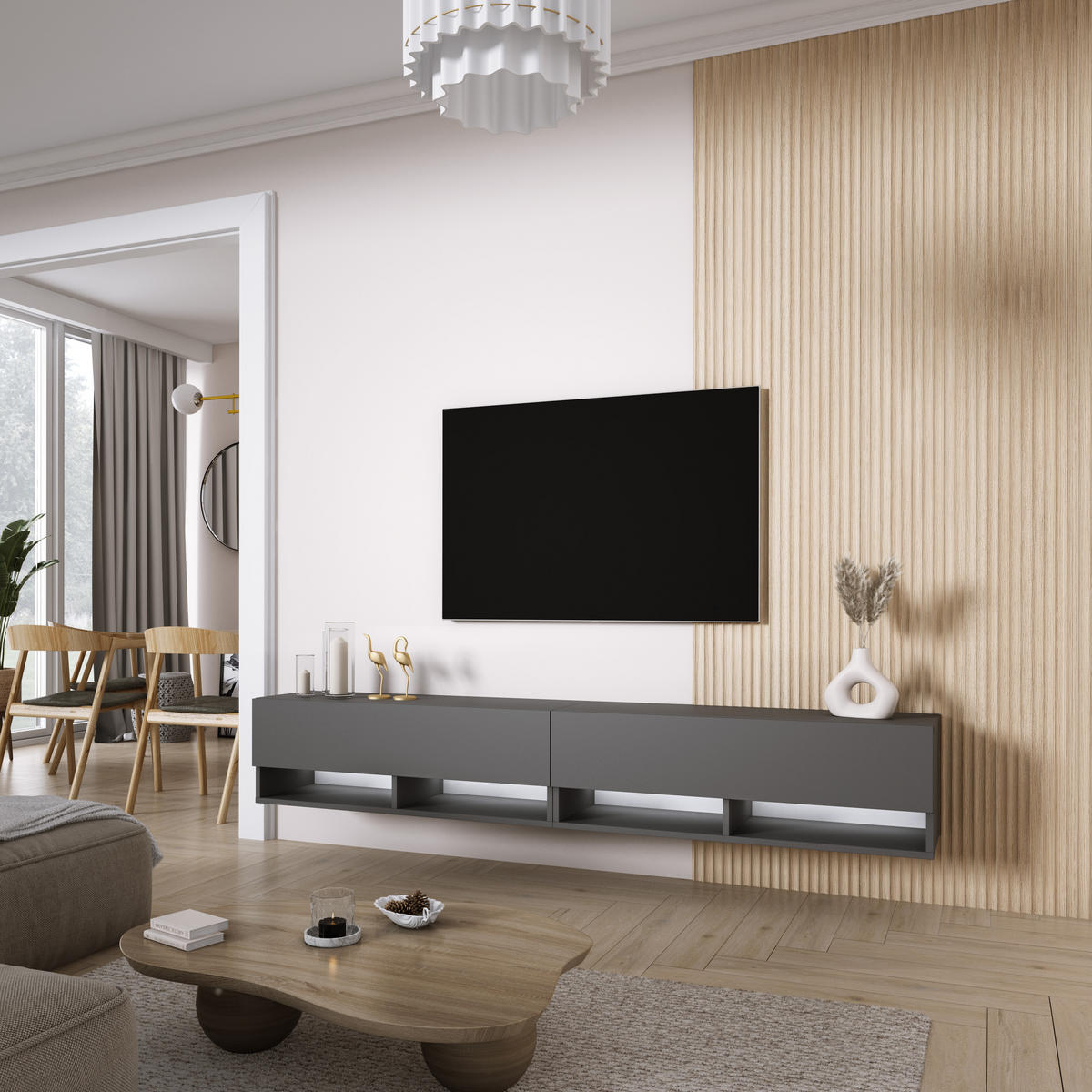TV-LOWBOARD 200 (2 x 100) cm Anthrazit, LED weiß, 200 × 32 × 34 cm - Grau, Holzwerkstoff (200/33.6/32cm) - 3XE LIVING