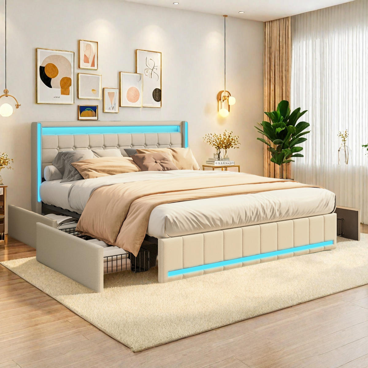 DOPPELBETT 140x190 cm, LED, USB, 4 Metallschubladen, Leinen, Beige - Beige, Metall - SHOPENTRA