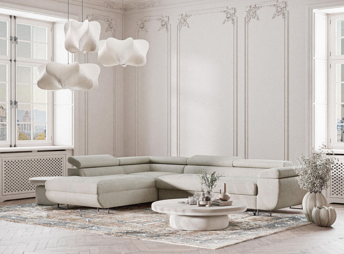 ECKSOFA MIT SCHLAFFUNKTION Concord Creme Samtstoff - Creme/Schwarz, Holz/Holzwerkstoff (203/277cm) - Maison de Reve