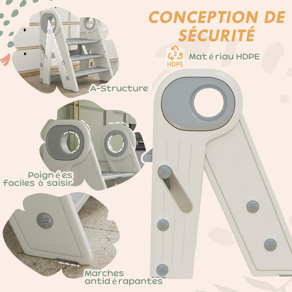 KINDERTRITTHOCKER DE-17237 3-fach höhenverstellbar & klappbar Grau - Grau, Naturmaterialien (47/61.5/46.5cm) - ComfortXL