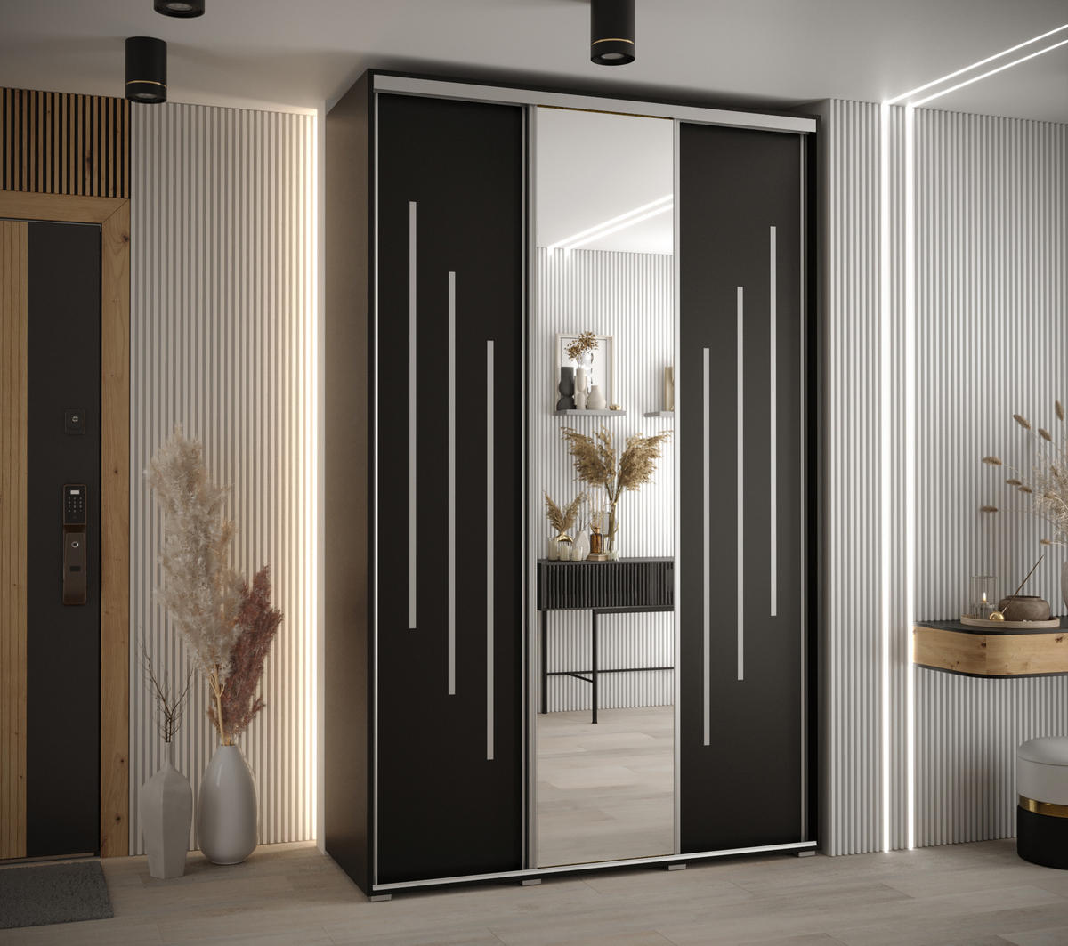 SCHWEBETÜRENSCHRANK 235,2/160/60 3-türig - Silberfarben/Schwarz, Holz/Metall (160/235/60cm) - Abiks Möbel