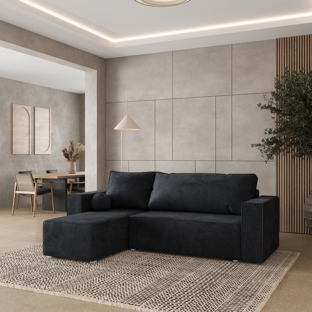 ROHOVÁ SEDAČKA RAVELO černá - šedá/černá, dřevo/textil (240/140cm) - MASSENO