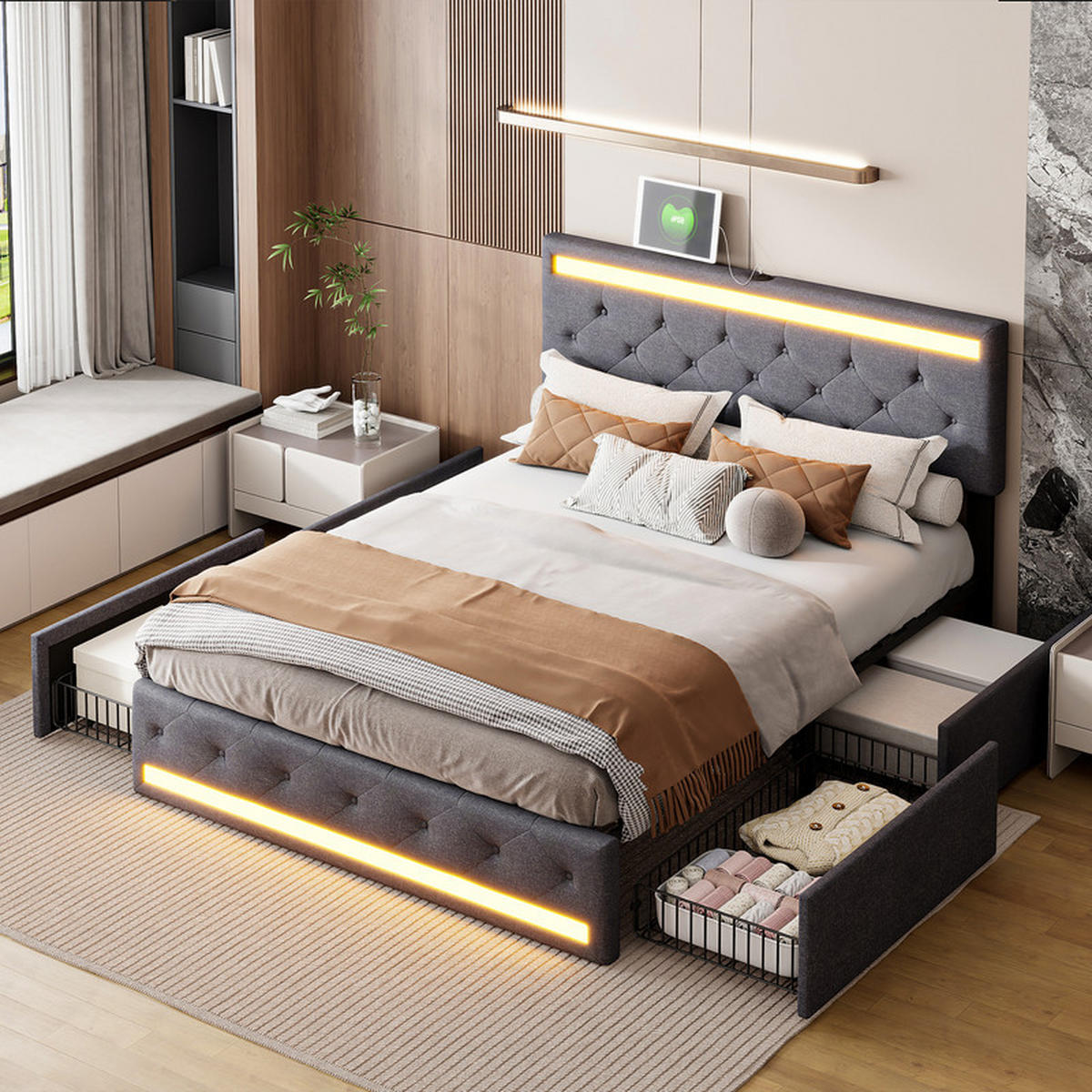 POLSTERBETT 140x190 cm, Leinen, Dunkelgrau, mit LED-Lichtleiste und 4 Metallschubladen, Bettgestell, ohne Matratze - Grau, Holz (140/190cm) - WoodenAura