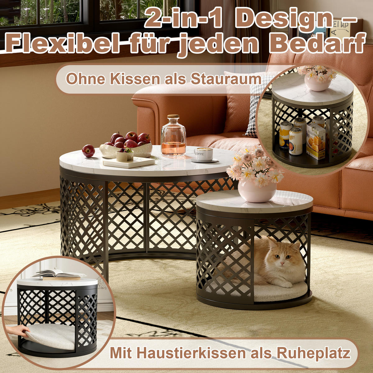 COUCHTISCH 70/70/45 cm in Weiß mit 2 Tischen und Haustierbereich - Weiß, Holzwerkstoff (70/70/45cm) - OKMYHOME