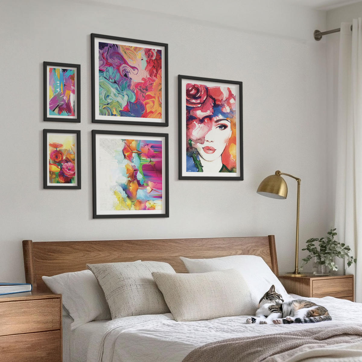 BILDER SET 5er Set - 50x50 cm & 20x30 cm & 40x60 cm Schwarzer Rahmen - Farbenfrohe Abstraktionen der Form - Schwarz, Kunststoff (40/60cm) - TULUP