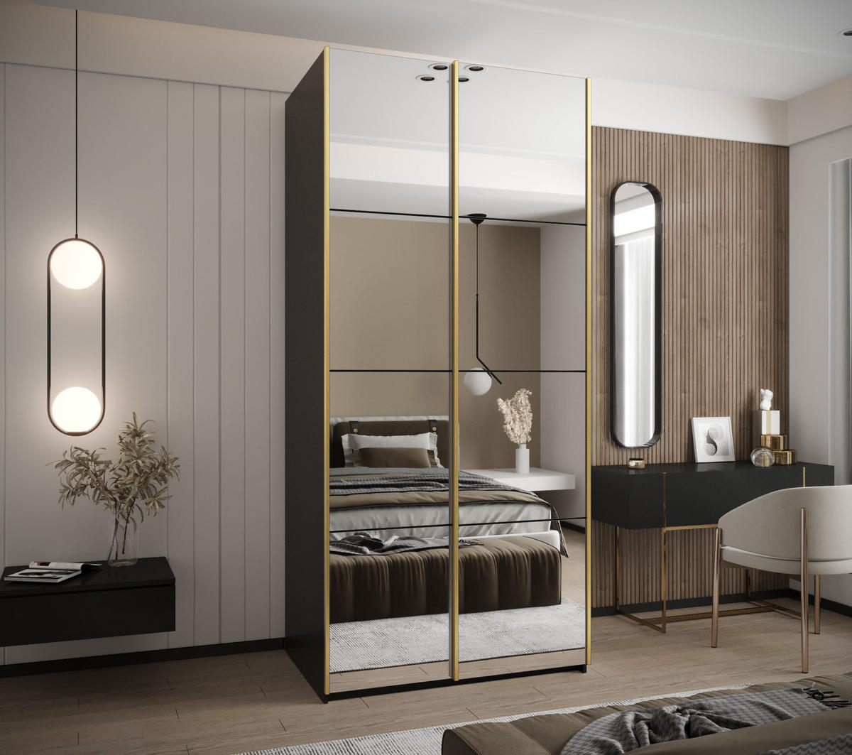 SCHWEBETÜRENSCHRANK 245,5/100/64 2-türig - Goldfarben/Schwarz, Holz/Metall (100/245/64cm) - Abiks Möbel