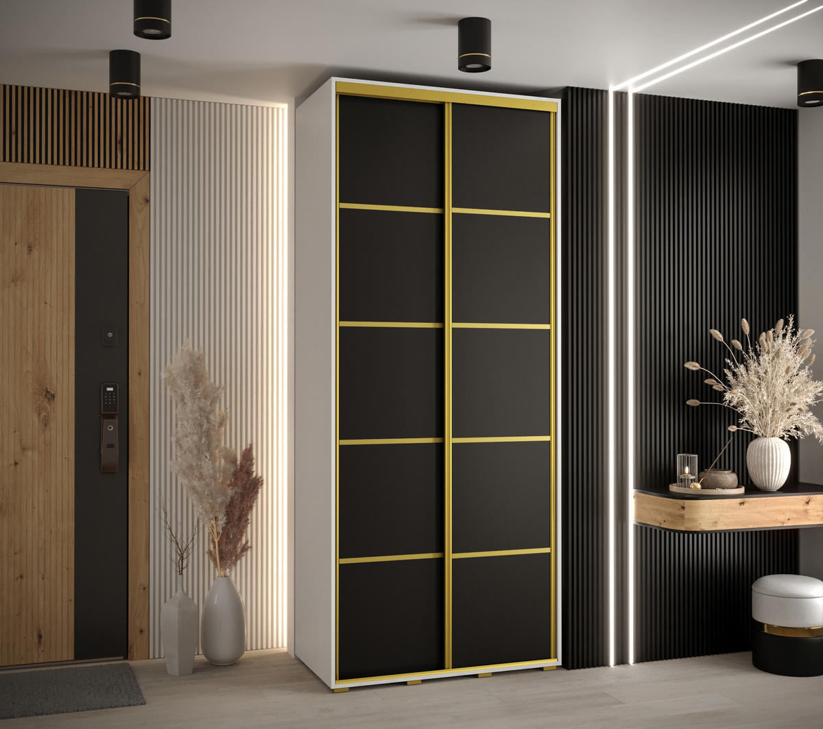 SCHWEBETÜRENSCHRANK 235,2/100/60 2-türig - Goldfarben/Schwarz, Holz/Metall (100/235/60cm) - Abiks Möbel