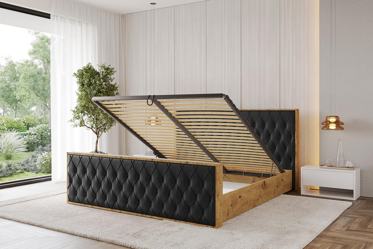 POLSTERBETT mit Bettkasten, Fußteil und Lattenrost, Boxbett ohne Matratze - ENZO5-Z 200x200 Schwarz Kunstleder - Schwarz Hochglanz, Holzwerkstoff/Textil (200/200cm) - ALTDECOR