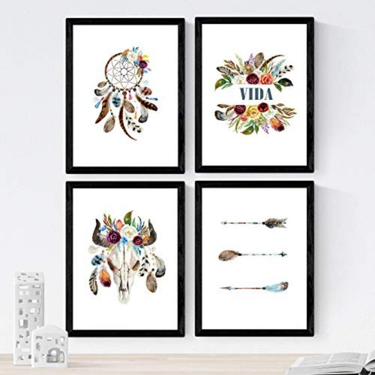 POSTER Set mit 4 bunte und böhmische A4 Schwarzer Rahmen - Schwarz, Papier (29.7/3cm) - Nacnic