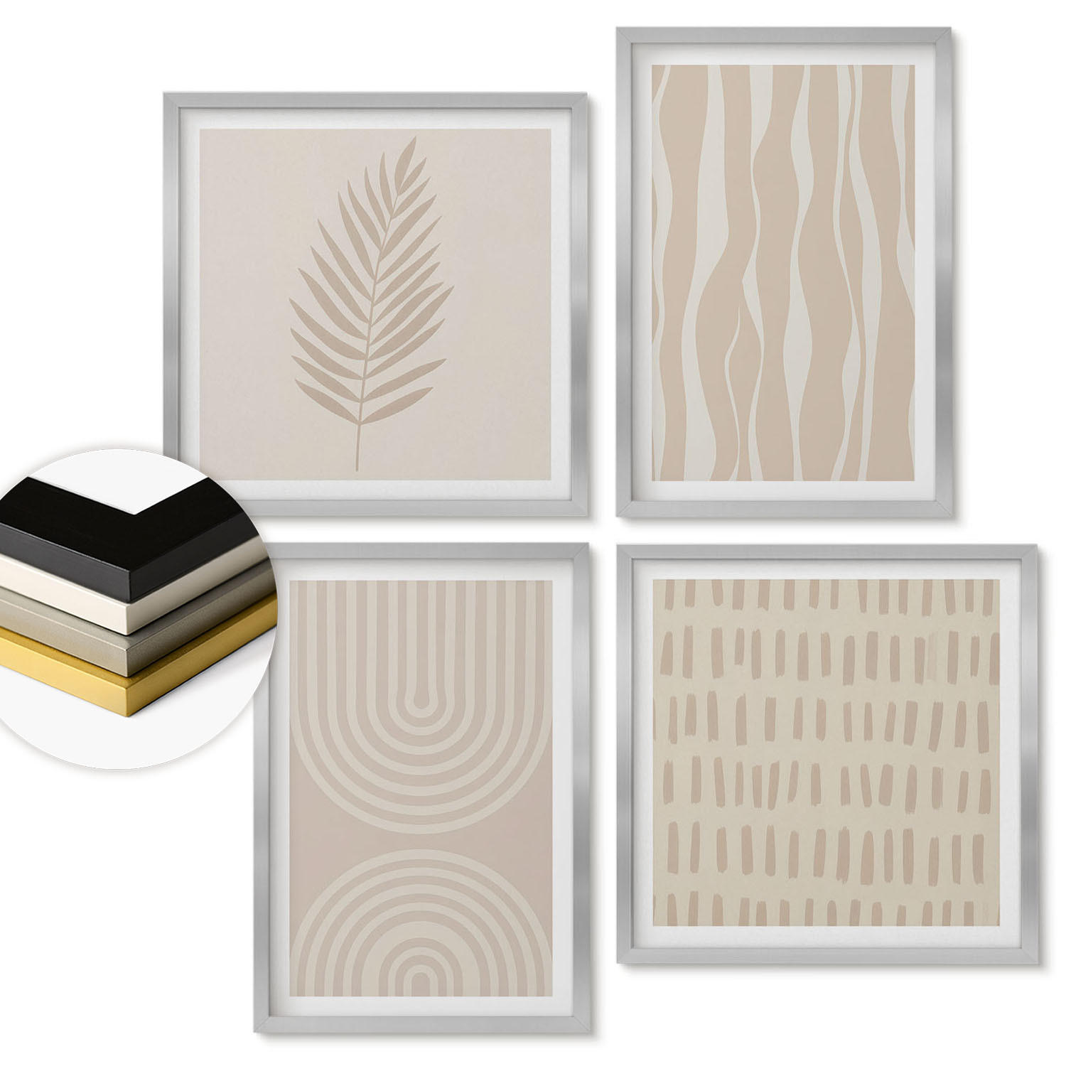 WANDBILDER 4er Set - 50x50 cm & 40x60 cm Silberner Rahmen - Beige Pflanzenmuster - Silberfarben, Kunststoff (50/50cm) - ArtPrintCave