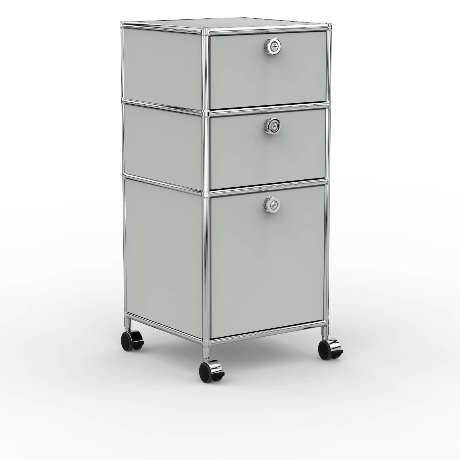 BÜRO-ROLLCONTAINER, Metall, 40 cm, 2 Schubladen + 1 Hängeregistratur, Lichtgrau - Chromfarben/Silberfarben, Metall (40/87.9/39.7cm) - Versee