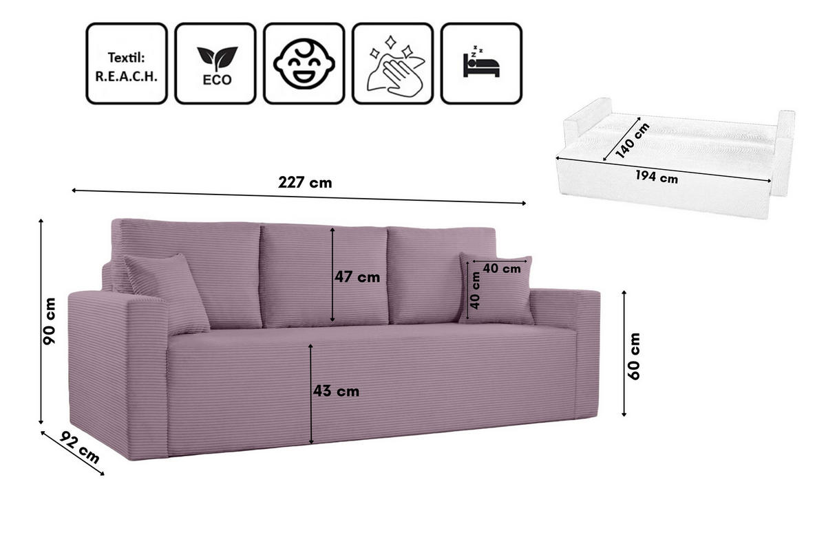 SCHLAFSOFA ZOOM Mit Bettkasten Stoff Zoom Lavende - Rosa, Holz/Textil (227/90/92cm) - Kaiser Möbel
