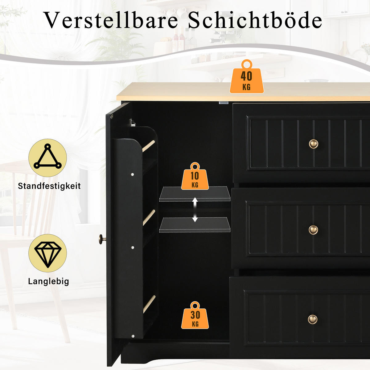 SIDEBOARD mit 3 Schubladen und Küchentüren, Schwarz - Schwarz, Holzwerkstoff (126/86/40cm)
