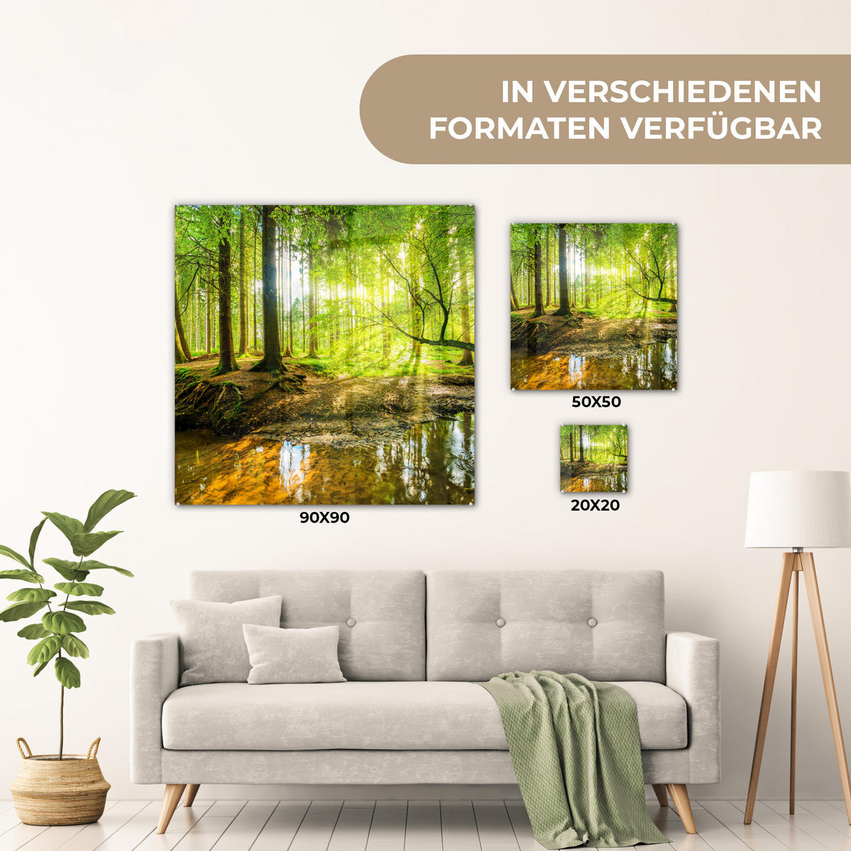 ACRYLGLASBILD Wald - Landschaft - Wasser - Bäume - Sonne - Grün - Natur 90x90 cm - Grün, Glas (90/90cm) - MuchoWow