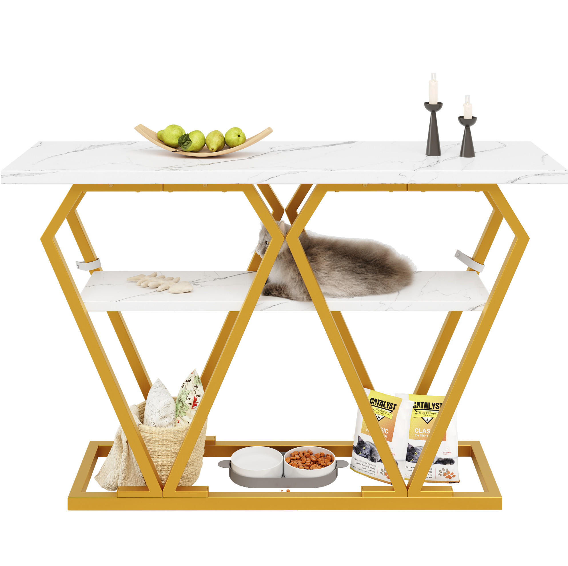 BEISTELLTISCH 120/29,5/80 cm in Weiß-Marmoroptik mit Ablage & goldenem Metallgestell - Weiß, Holzwerkstoff (120/29.5/80cm) - BEAOK