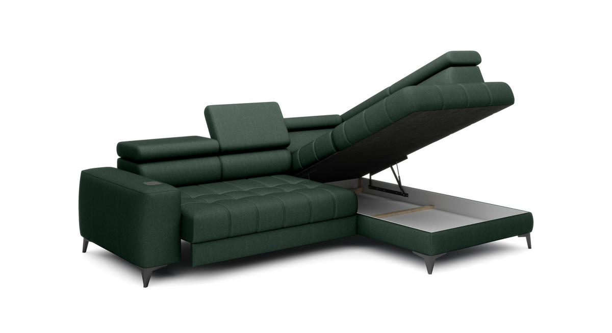 ECKSOFA BAGGIO Letto Stoff, Schlaffunktion, Bettkasten, Sitztiefe, Kopfstützen 280x196cm – Rechts – Dunkelgrün - Dunkelgrün, Holz/Textil (280/196cm) - DomoHome