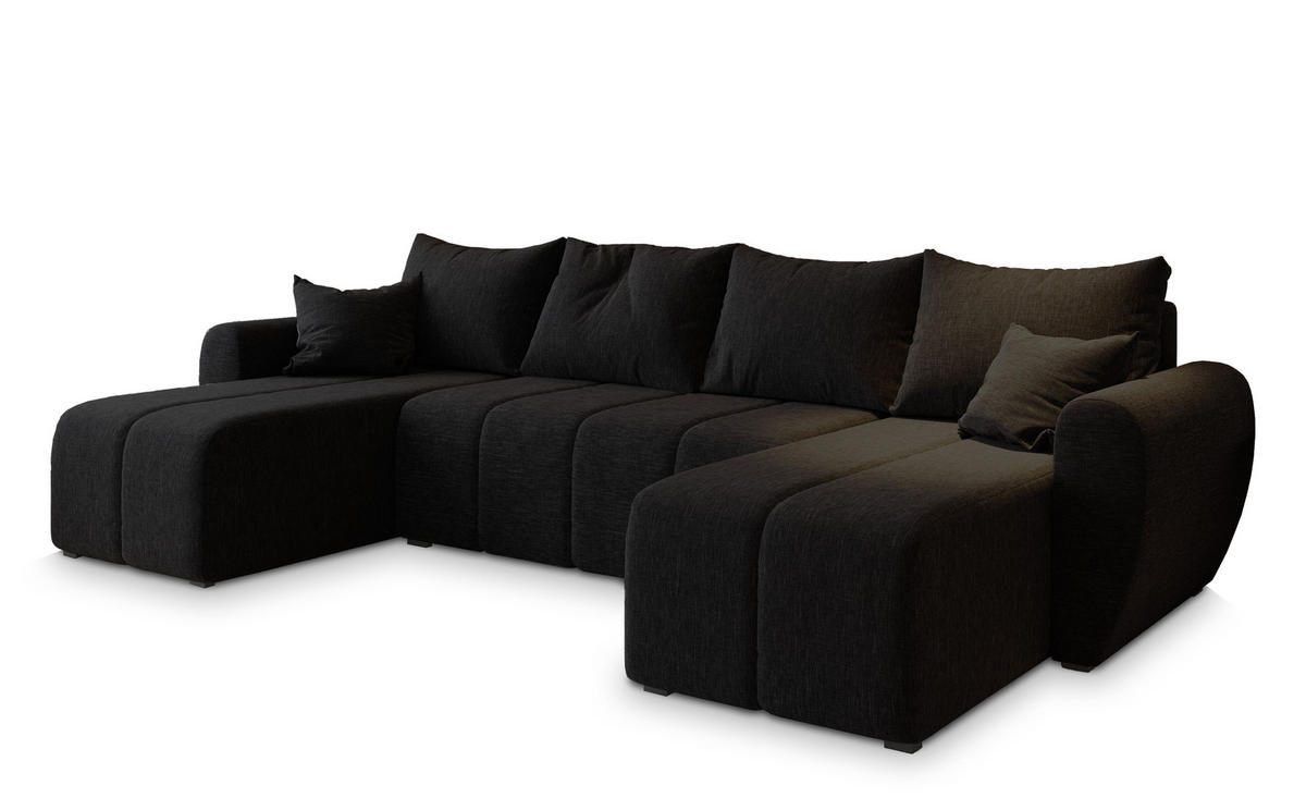 WOHNLANDSCHAFT MADISON U Schwarz Dünner Stoff mit Schlaffunktion - Schwarz, Holz (311/82/145cm) - MASSENO