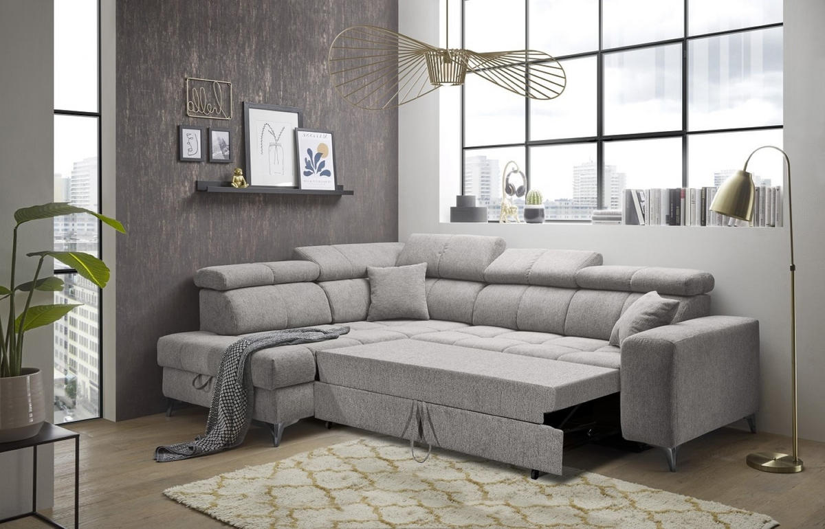 ECKSOFA mit Schlaffunktion und Bettkasten, Luxus-Mikrofaser - Taupe/Schwarz, Textil/Metall (282/198cm) - ed exciting design