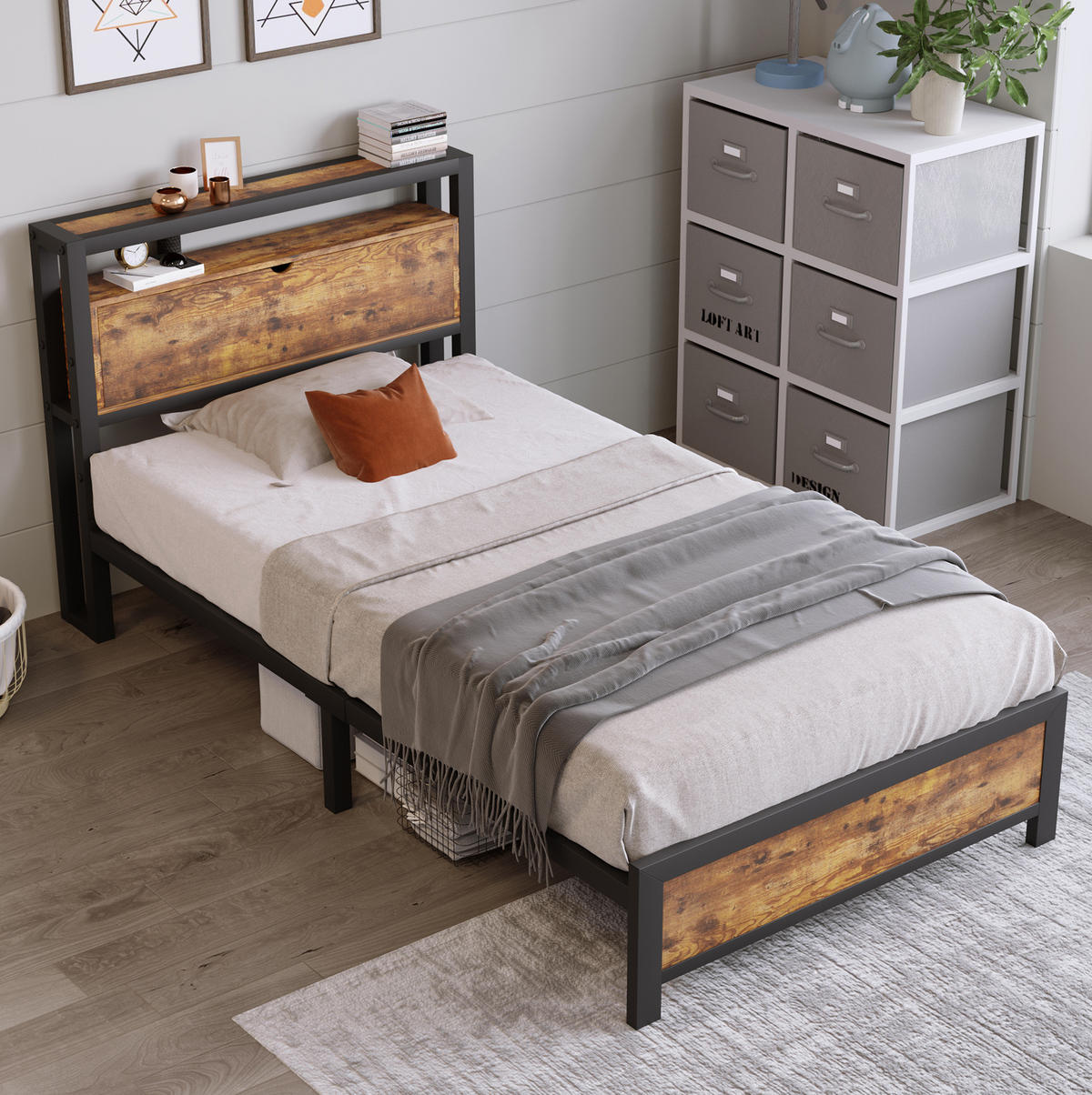 JUGENDBETT 90/200 cm aus Metall und Holzwerkstoff mit Stauraum-Kopfteil Natur/Schwarz - Naturfarben, Metall (90/200cm) - Modenvie
