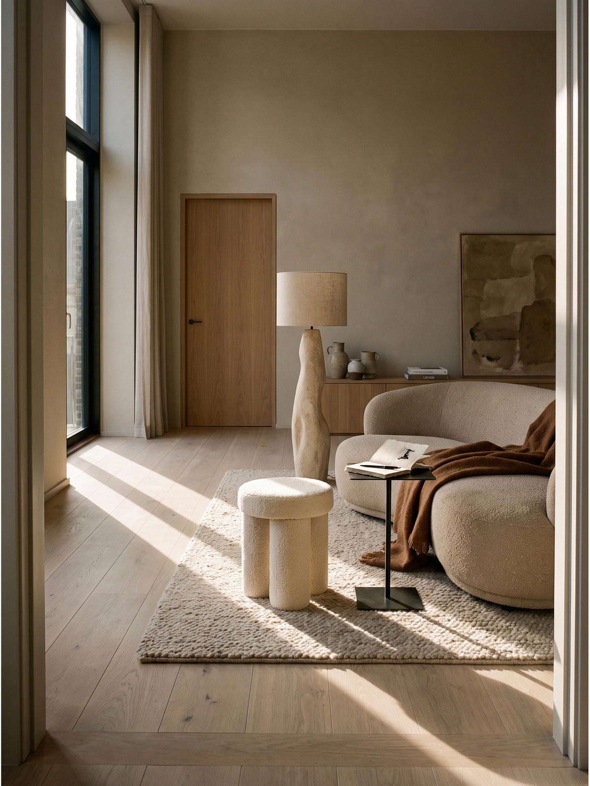 SITZHOCKER AVEN, Teddystoff, mit Textilbezug, Creme, Ø 40 x 45 cm - Beige/Creme, Textil (40/45/40cm) - KADIMA DESIGN