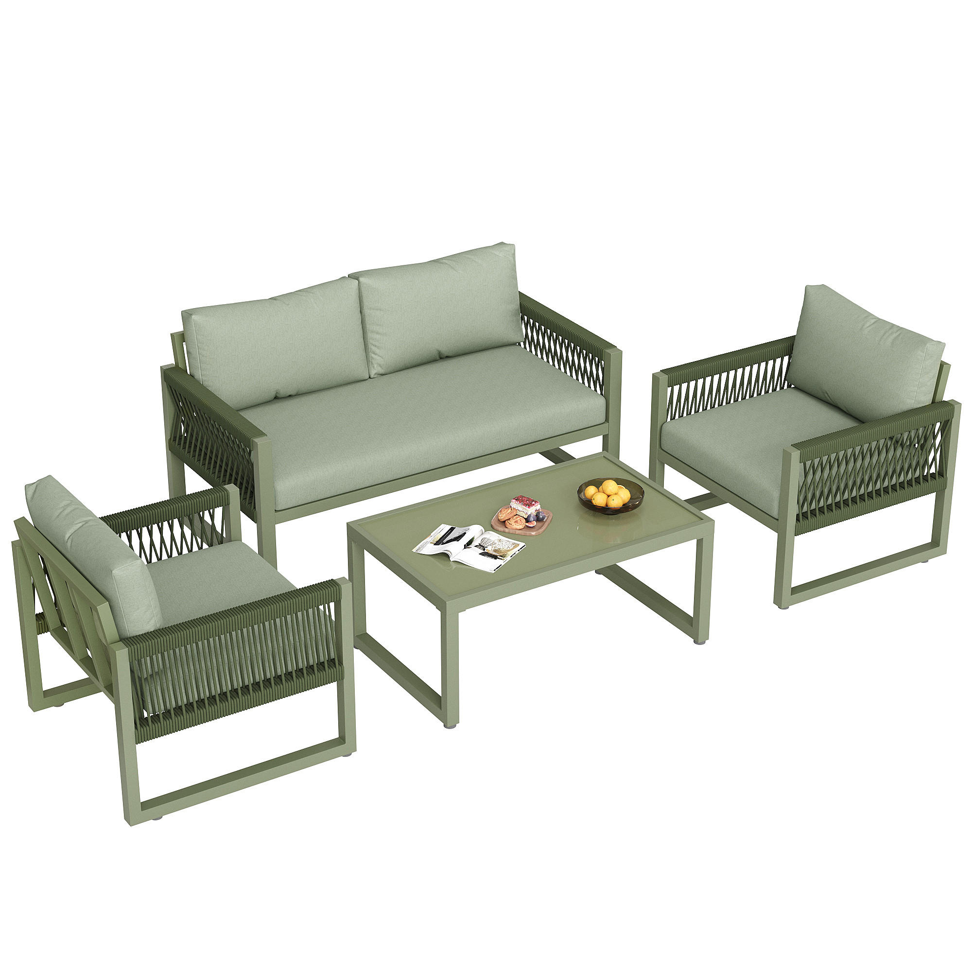 LOUNGESET 4er Seil Grün Mit Verstellbaren Füßen & Glastisch - Grün, Metall - FLIEKS