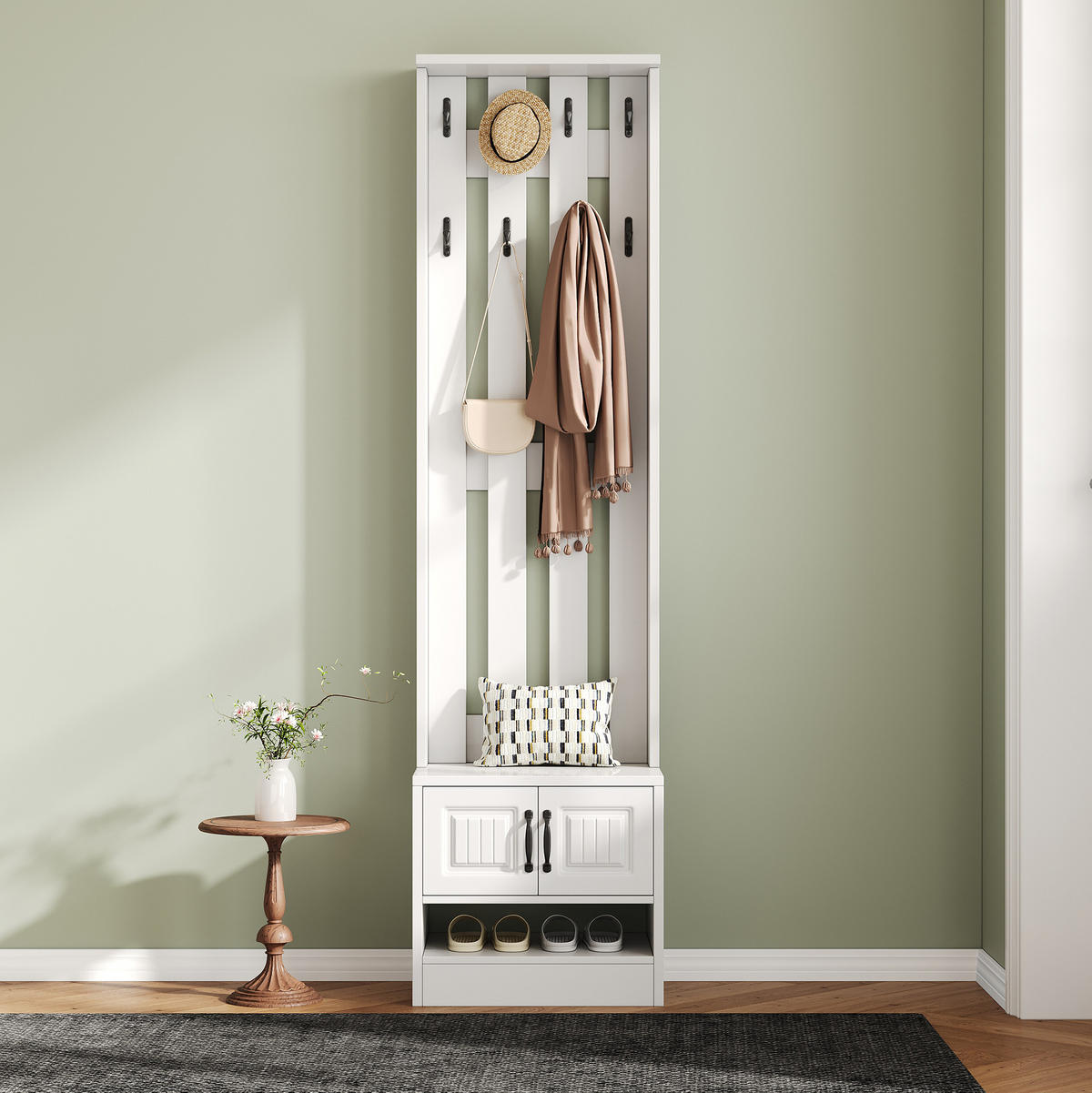 SCHUHBANK Weiß 50/36/190 cm mit 2 Türen, 8 Haken und Sitzfläche - Weiß, Holzwerkstoff (50/190/36cm) - BEAOK