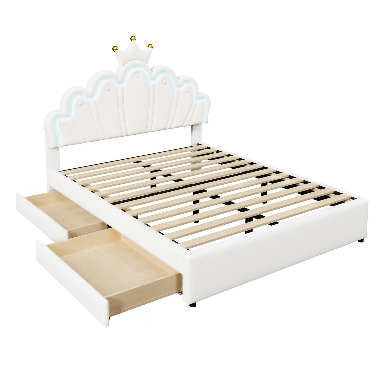 POLSTERBETT 140/200 cm aus PU mit LED-Ambientelicht, 2 Schubladen und verstellbarem Kopfteil, Weiß - Weiß, Leder (140/200cm) - Redom