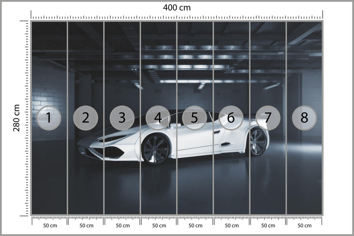 FOTOTAPETE für Jugendzimmer Weißes Sportwagen Untergrundgarage Modern400x280 - Schwarz/Weiß, Papier (400/280cm) - Muralo