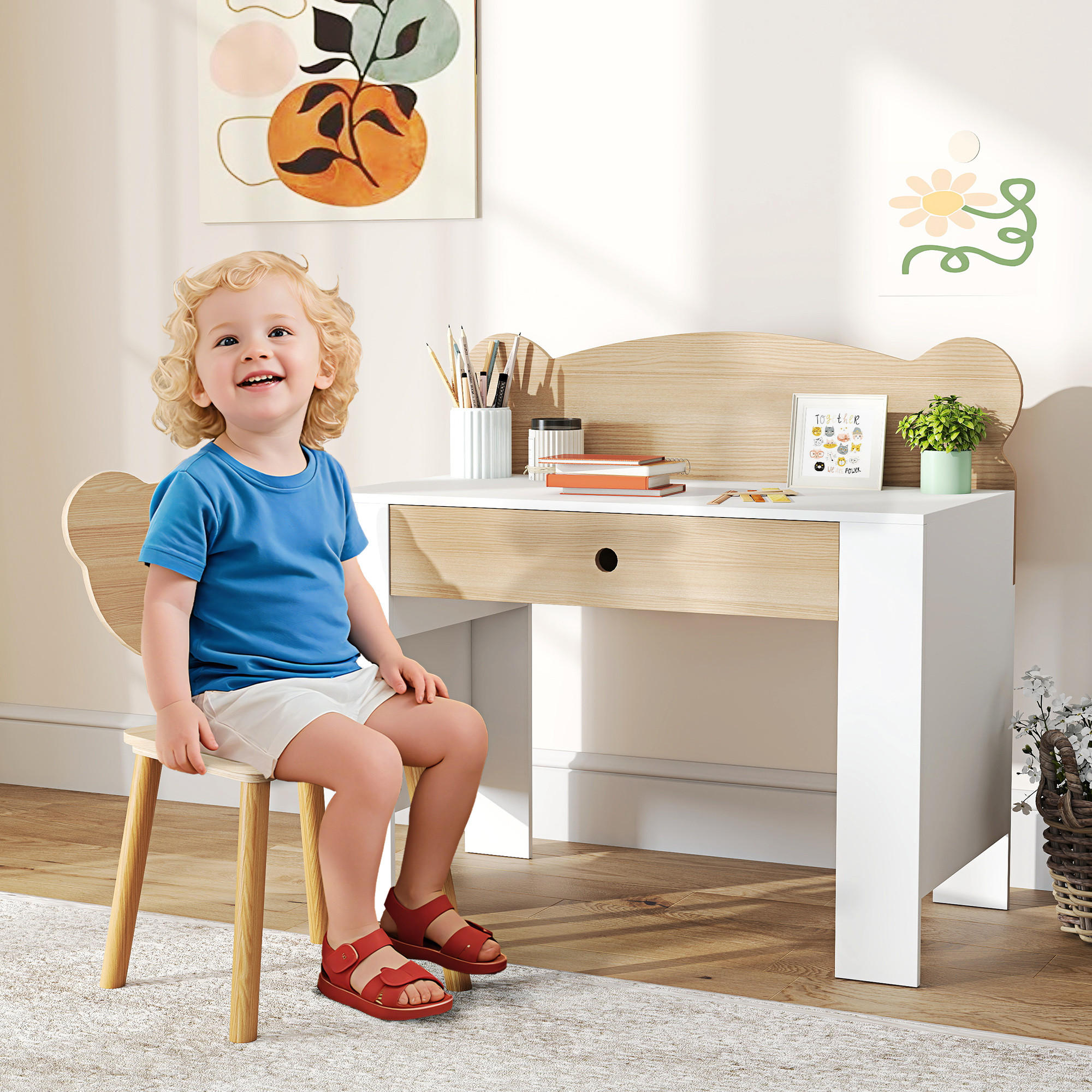 KINDERSCHREIBTISCH Set mit Tischplatte & Schublade Kinder Schreibtisch und Stuhl - Naturfarben, Holz (41/74.5/80cm) - AIYAPLAY