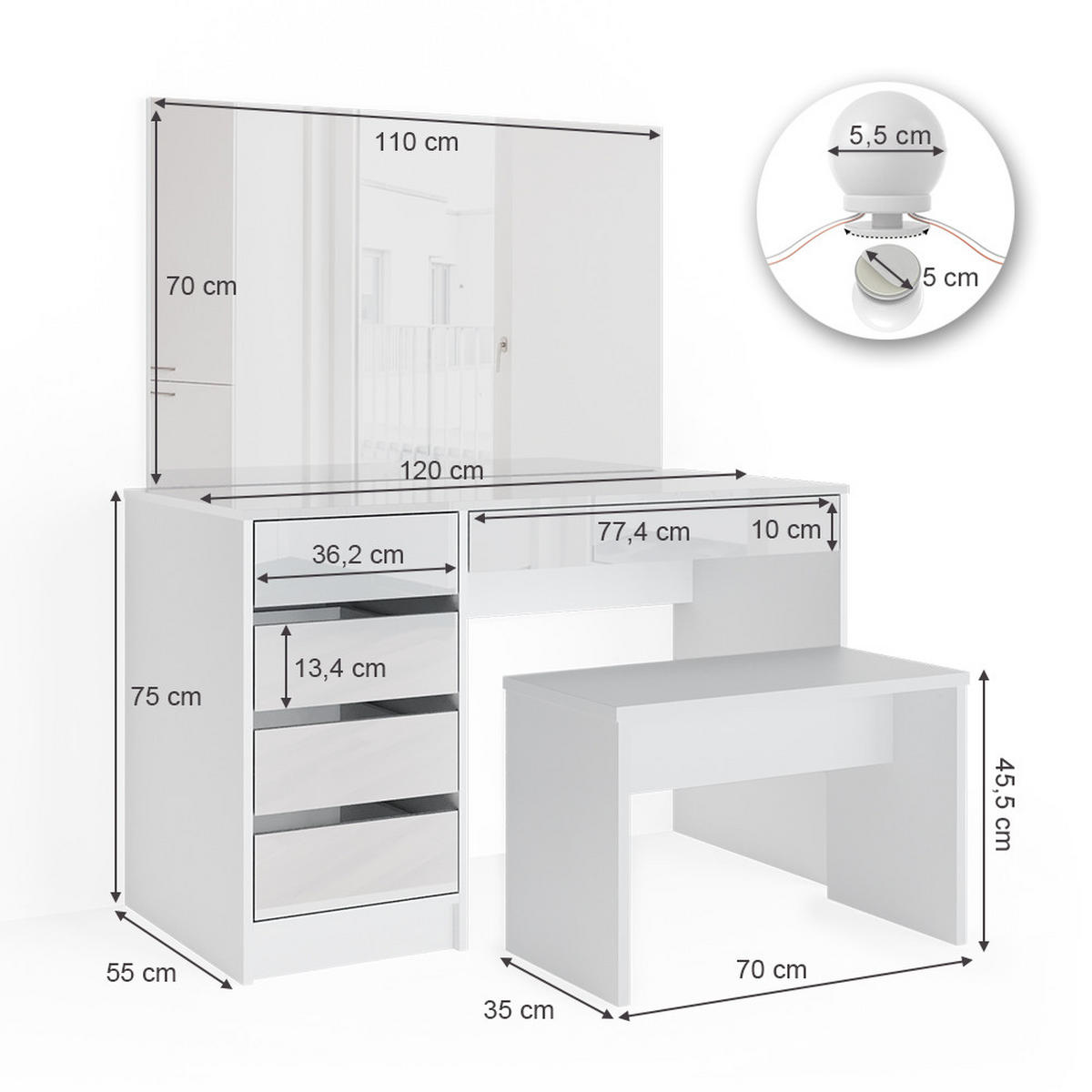 SCHMINKTISCH Sherry Weiß 120 cm mit LED Beleuchtung und Bank - Weiß, Holzwerkstoff (55/75/120cm) - Vicco