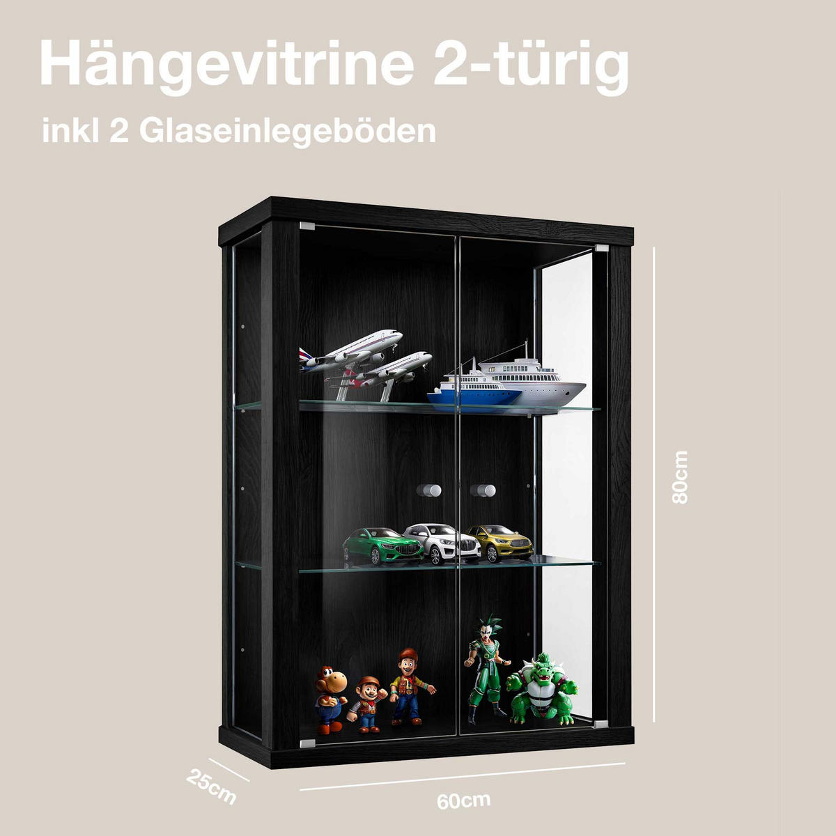 HÄNGEVITRINE 25/60/80 cm mit 2 höhenverstellbaren Glasböden - Transparent/Silberfarben, Glas/Holzwerkstoff (60/80/25cm) - K-Möbel