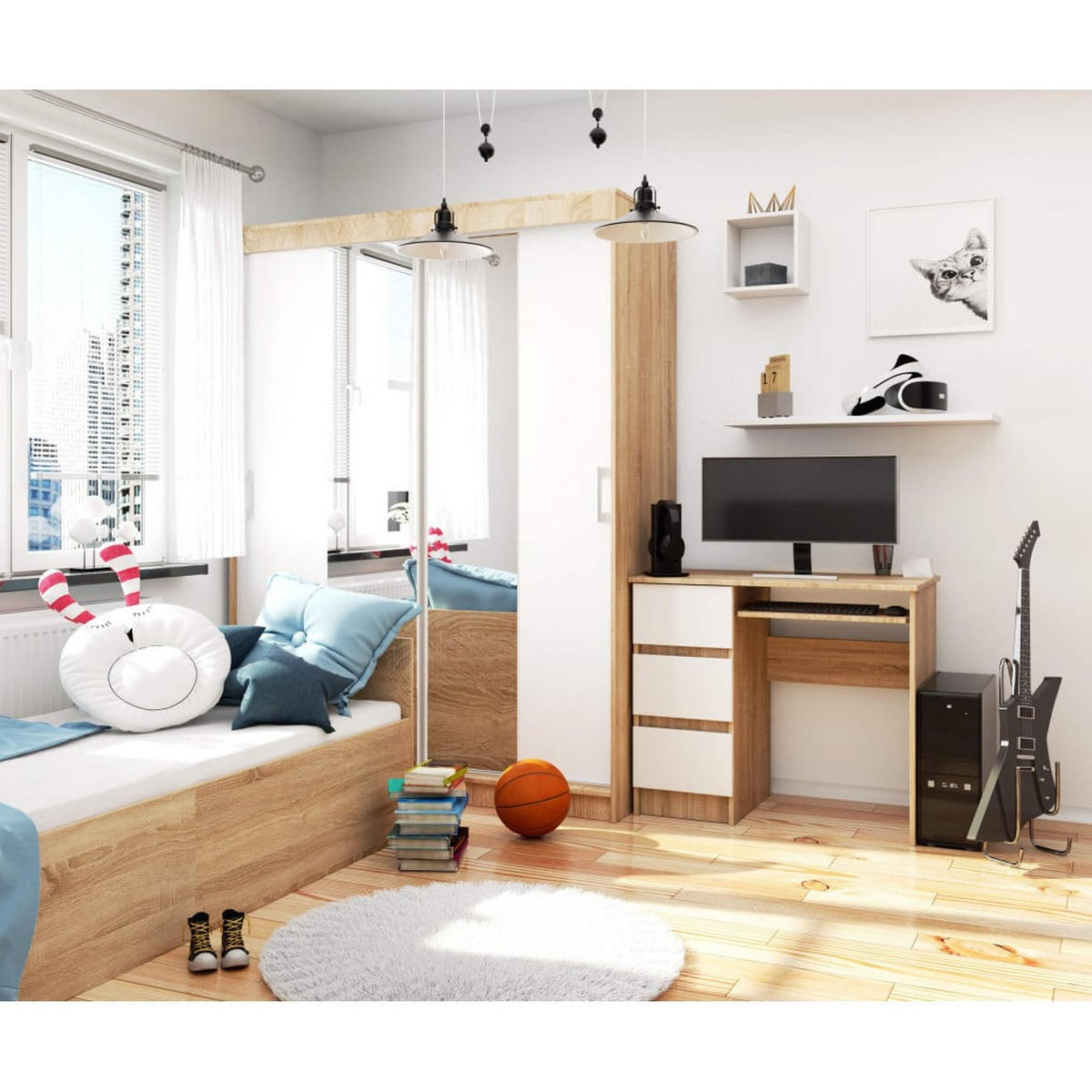 SCHREIBTISCH Eiche Sonoma, Weiß 77/90/50 - Weiß/Sonoma Eiche, Holzwerkstoff (50/90/77cm) - RAUMHIRSCH FURNITURE