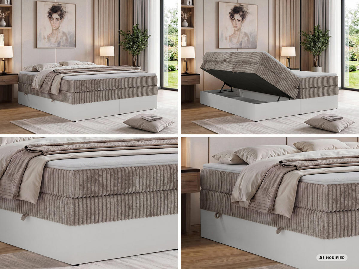 BOXSPRINGBETT TRAVIT ZERO KING 180/200 - Hellbraun Cord - Topper T25 - H3 - Hellbraun/Schwarz, Kunststoff/Textil (180/200cm) - MKS