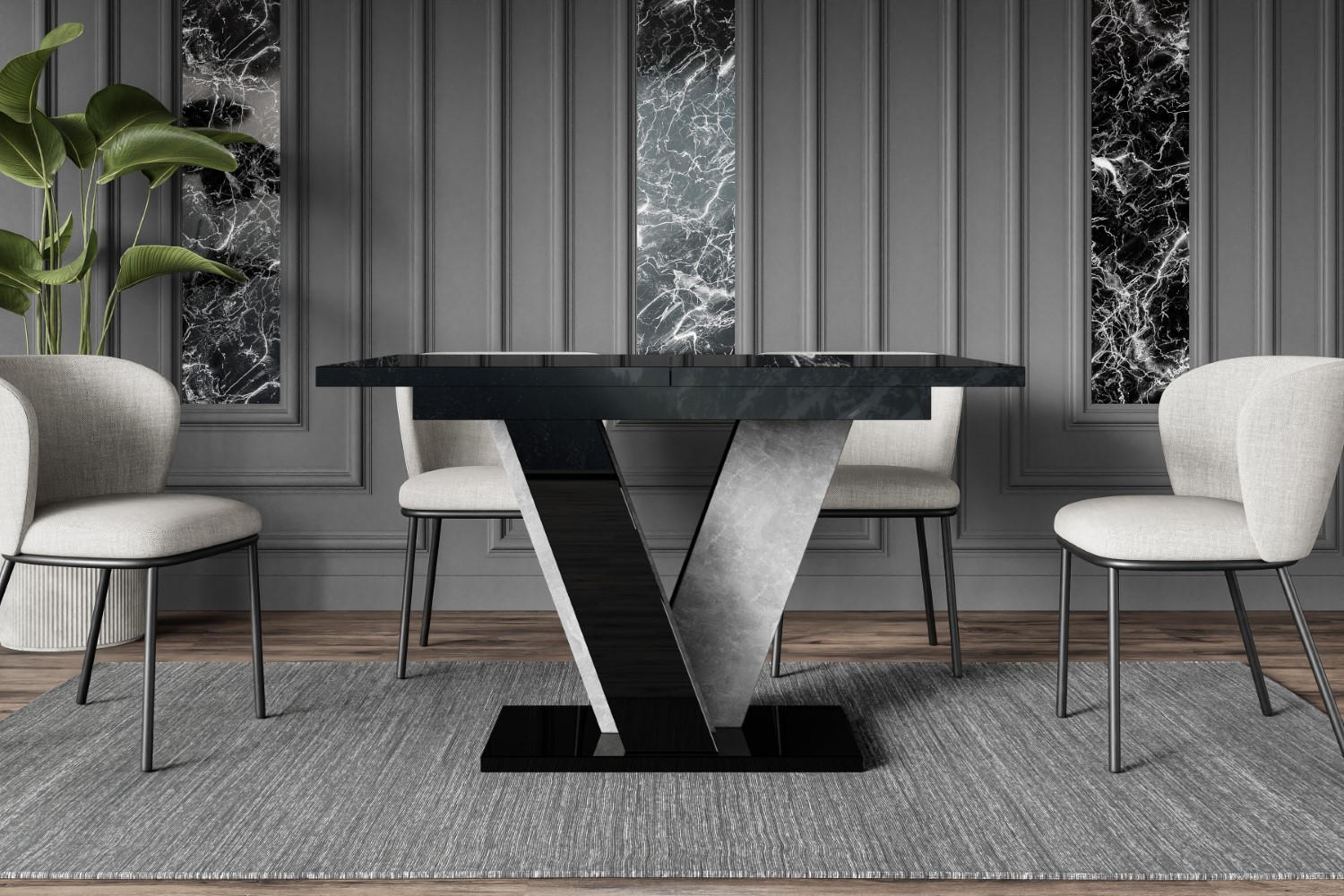 ESSTISCH ausziehbar 120 -160x90x75 cm - Hochglanz Schwarz/Betonoptik - INEY - Schwarz Hochglanz, Holzwerkstoff (120/90/75cm) - ALTDECOR