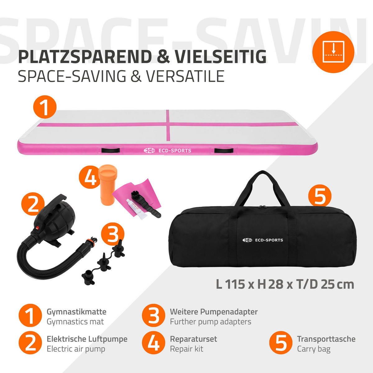 NAFUKOVACÍ gymnastická podložka Airtrack 300x100x10 cm růžová - růžová, plast (100/300cm) - ECD-Germany