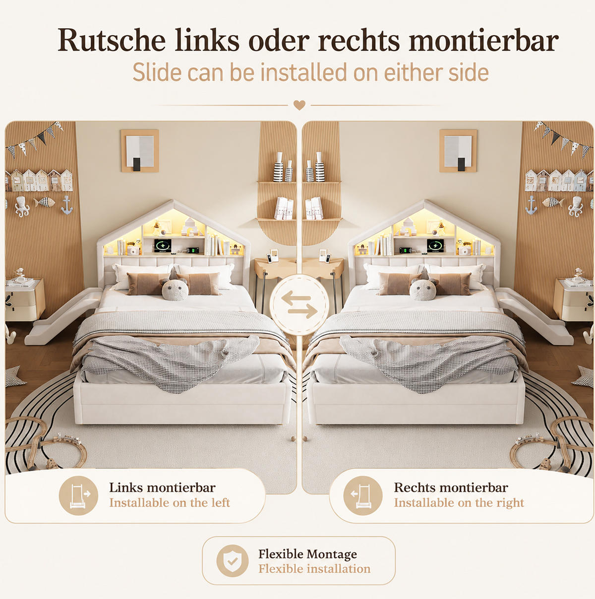 KINDERBETT aus Velvet 140x200 cm Beige mit Rutsche, LED-Beleuchtung, Ladeanschluss und Bettkasten - Beige, Textil (140/200cm) - Modfu