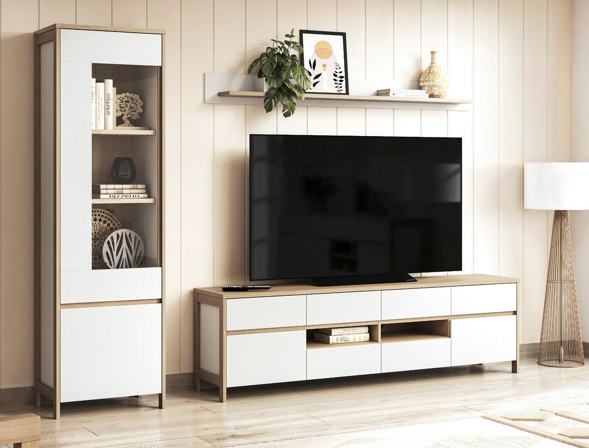 WOHNWAND weiß, Eiche, Wohnkombination skandinavisch 3-teilig 266 cm, Soft-Close, Finnes - Eichefarben/Weiß, Holzwerkstoff/Metall (266/195/39cm) - Furn.Design