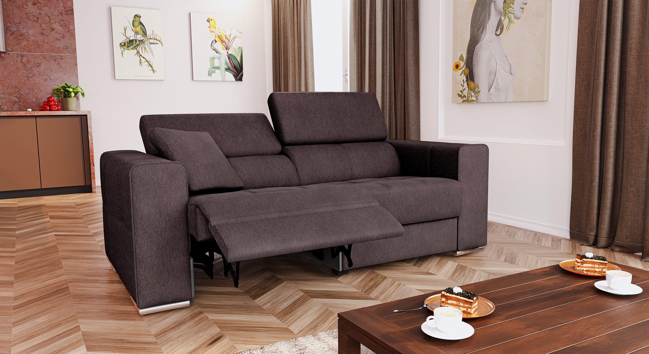 SOFA QUARTZ 3-Sitzer mit 1 Relaxfunktion, dunkelbraun - Dunkelbraun/Silberfarben, Holzwerkstoff/Textil (204/80/102cm) - Courtois Laville