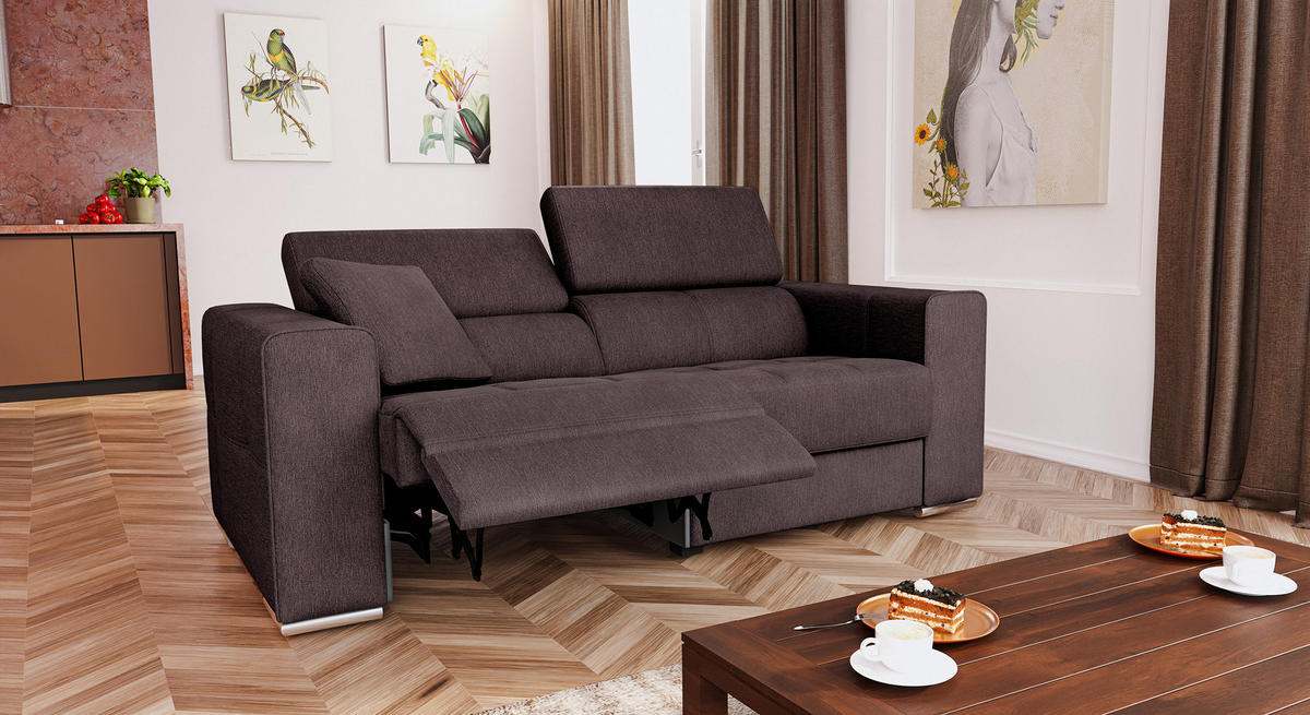 SOFA QUARTZ 3-Sitzer mit 1 Relaxfunktion, dunkelbraun - Dunkelbraun/Silberfarben, Holzwerkstoff/Textil (204/80/102cm) - Courtois Laville