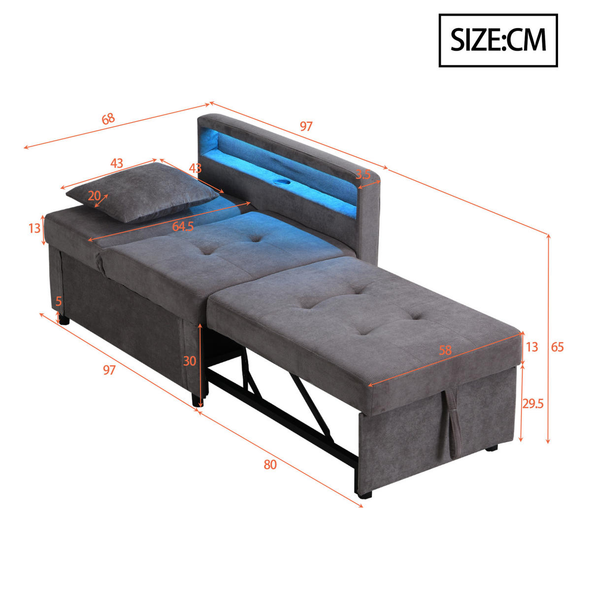 SCHLAFSOFA aus Leinen 177x68x65 cm Dunkelgrau 3-in-1 mit LED, USB-/Typ-C-Anschluss und verstellbarer Rückenlehne - Dunkelgrau, Leder (68/65/177cm) - Modfu