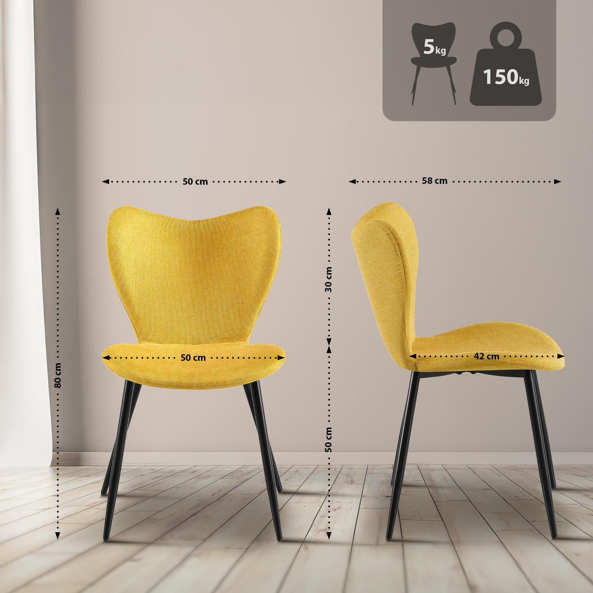 ESSZIMMERSTUHL Stoff Gelb - Gelb/Schwarz, Textil/Metall (50/80/58cm) - CLP