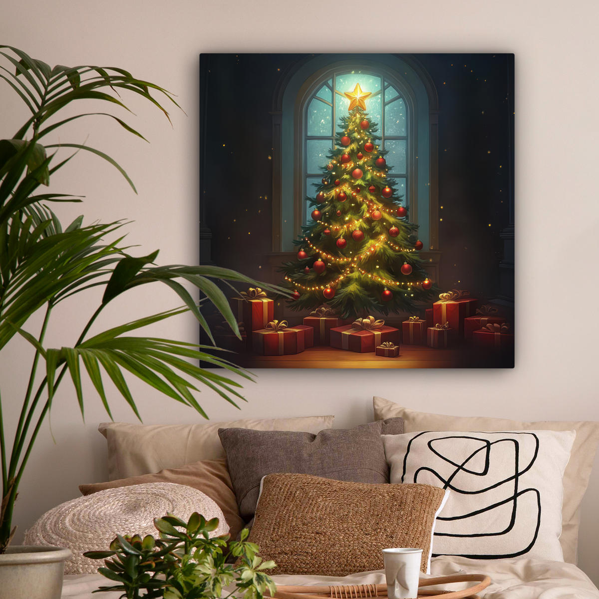 LEINWANDBILD Weihnachtsbaum - Geschenk - Winter Deko Groß 90x90 cm - Grün, Textil (90/90cm) - MuchoWow