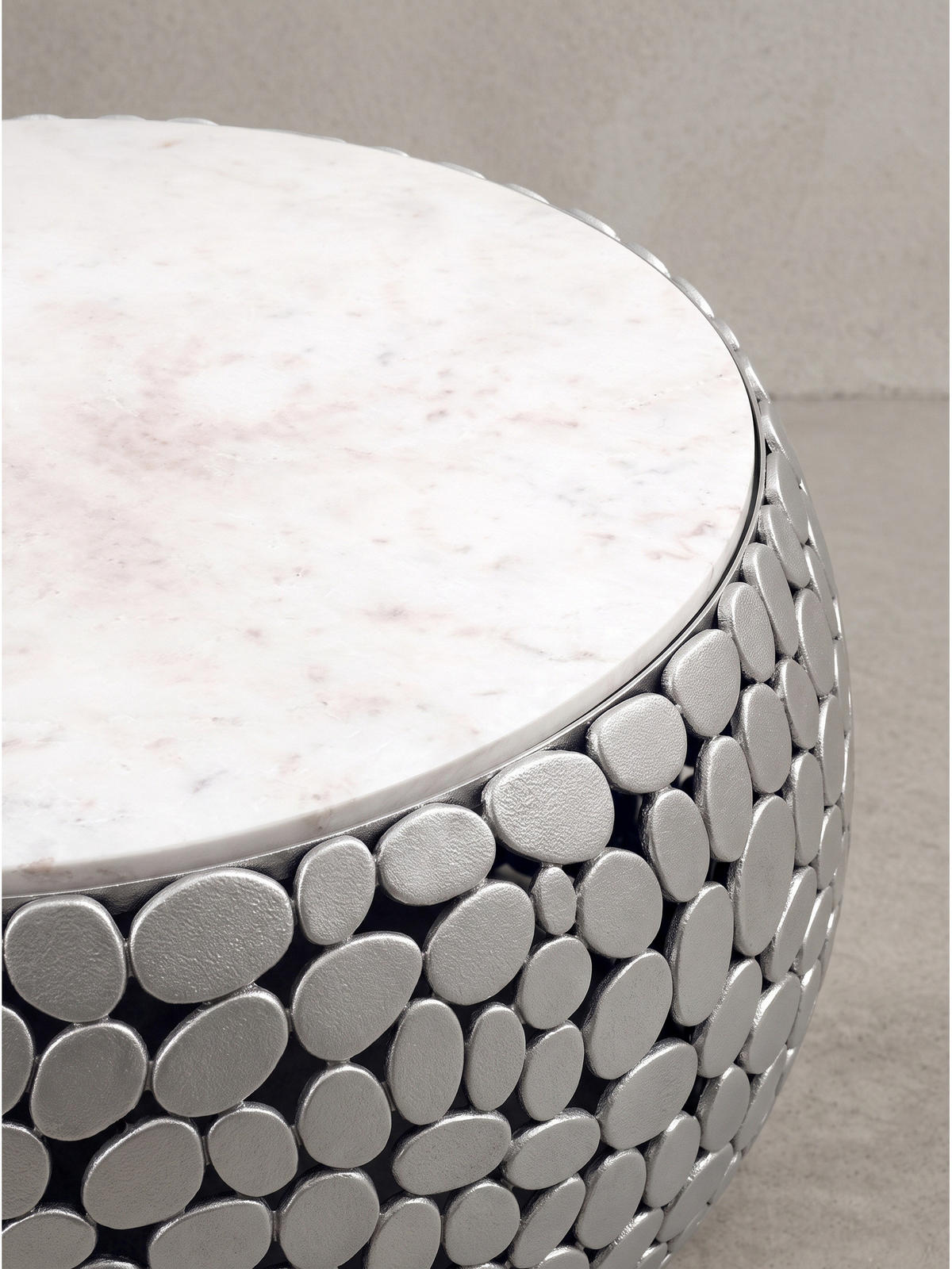 COUCHTISCH DIEMEL, Marmor, handgefertigt, Silber-Weiß, Ø 66 x 32 cm - Silberfarben, Stein/Metall (66/66/32cm) - KADIMA DESIGN