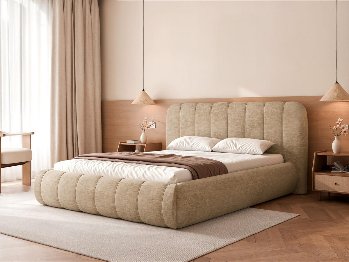 POLSTERBETT Gallo 160x200 cm Beige Chenille – (Doppelbett mit Bettkasten, Lattenrost, voluminöses Kopfteil) - Beige, Holz/Holzwerkstoff (160/200cm) - Ravio