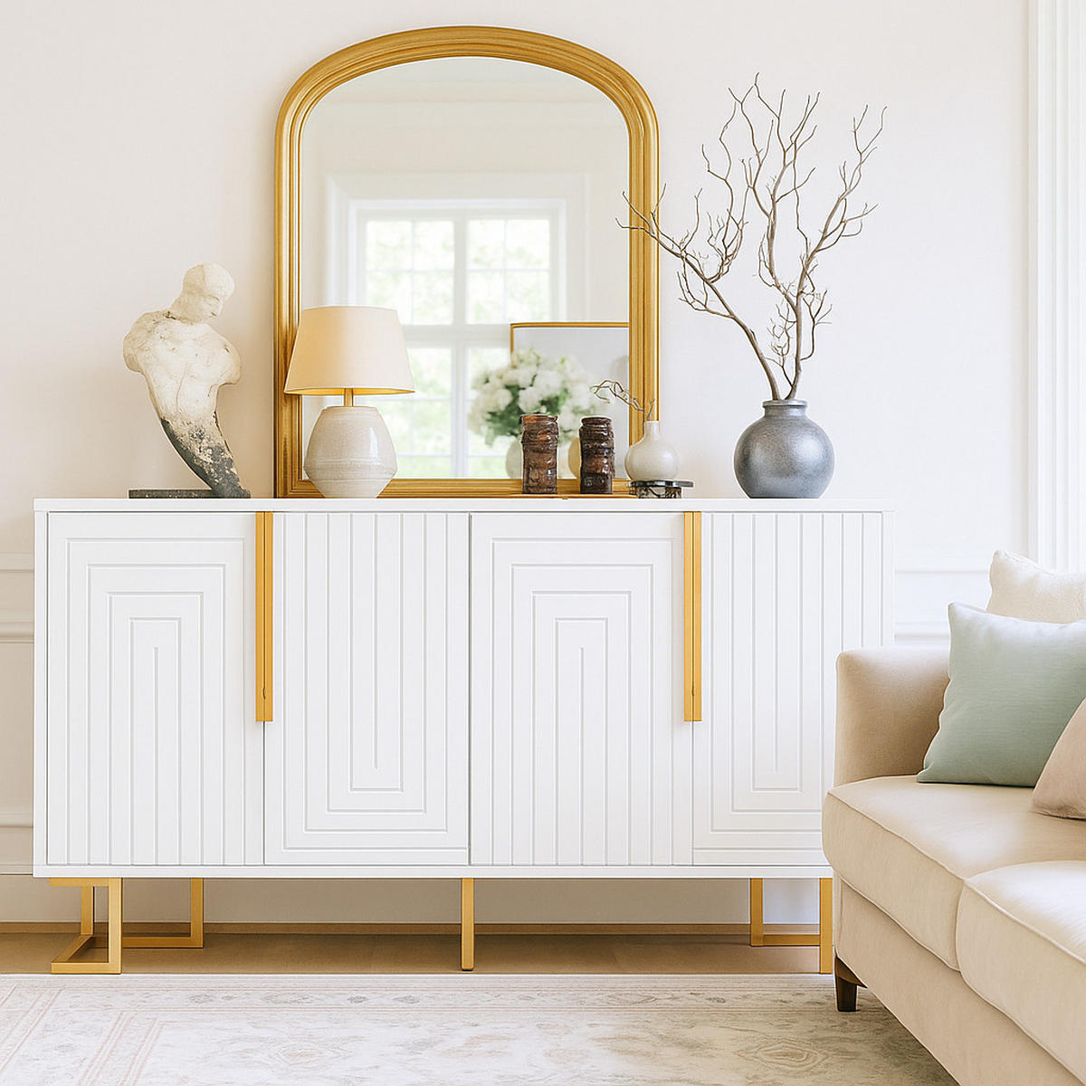 SIDEBOARD mit 3 Türen und Goldenen Akzenten Weiß - Weiß, Holzwerkstoff/Metall (152/75/40cm) - Urban Meuble