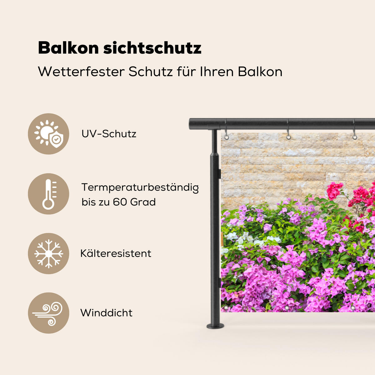 BALKON-SICHTSCHUTZ Blumen - Pflanzen - Blätter - Steine - Pink, Kunststoff (300/100cm) - MuchoWow