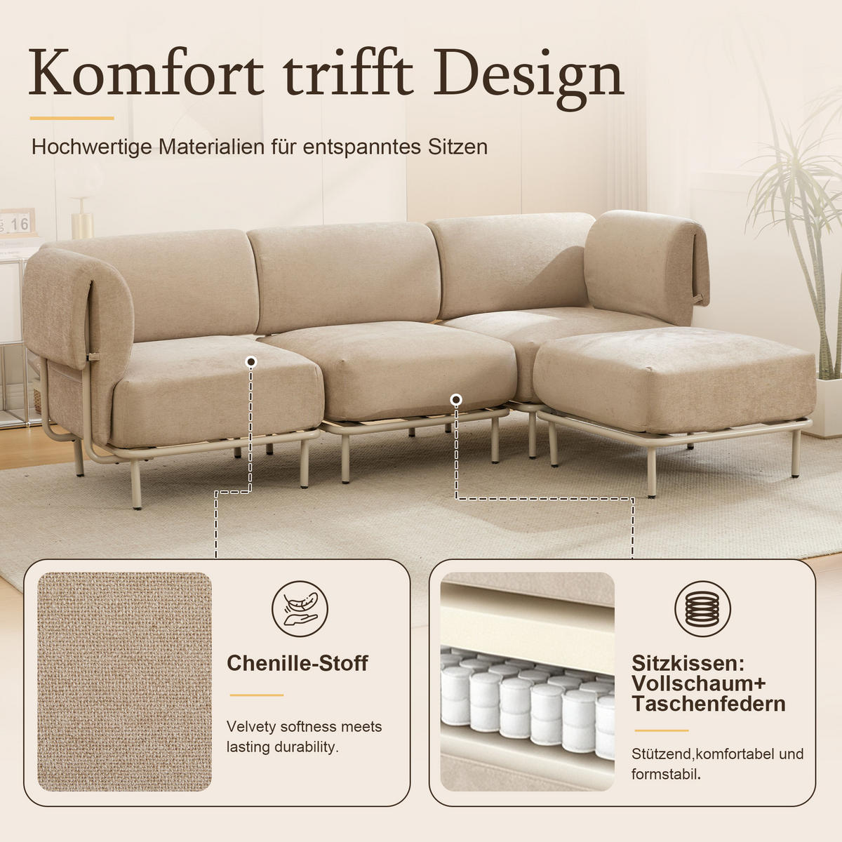 ECKSOFA 251/155/78 cm Khaki Chenille mit 1 Fußhocker - Kaschmir/Olivgrün, Textil (155/251cm) - Oxeza