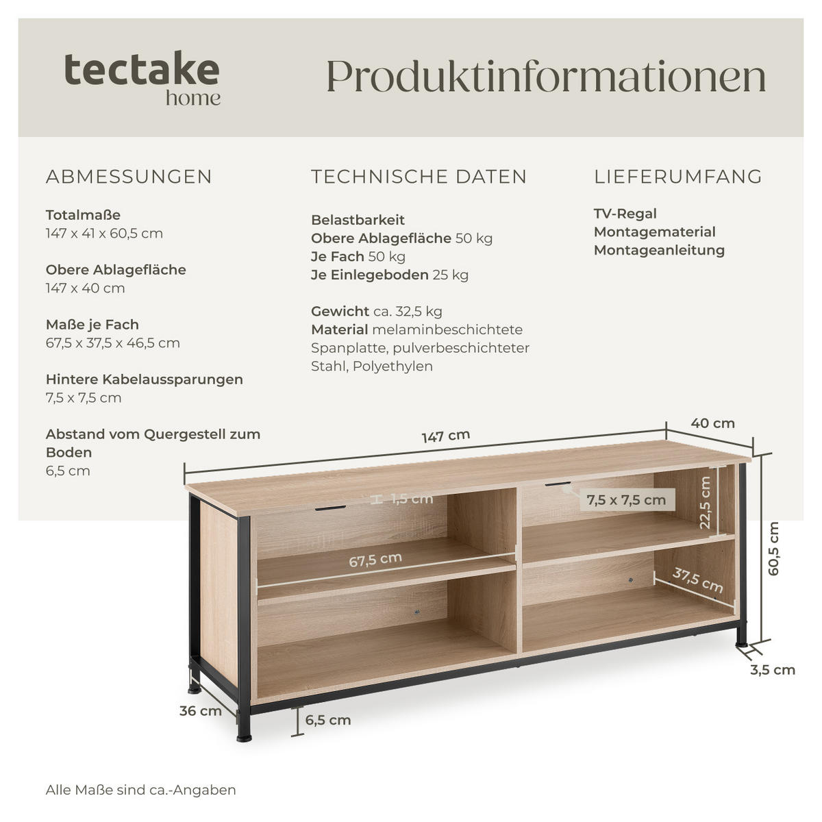 TV-ELEMENT Navan,147 x 41 x 60,5 cm,Industrial Holz hell, Eiche Sonoma - Naturfarben, Holzwerkstoff (41/60.5/147cm) - tectake