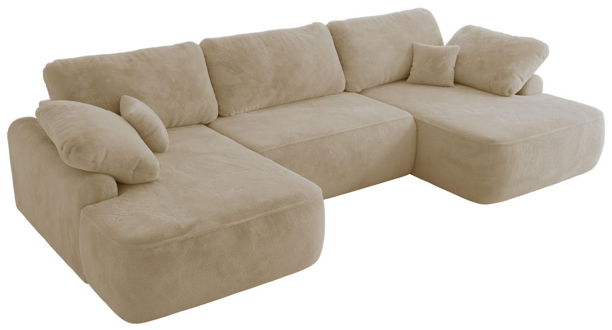 WOHNLANDSCHAFT CUBO U Creme Plüsch - Creme/Schwarz, Kunststoff/Textil (370/100/187cm) - MKS